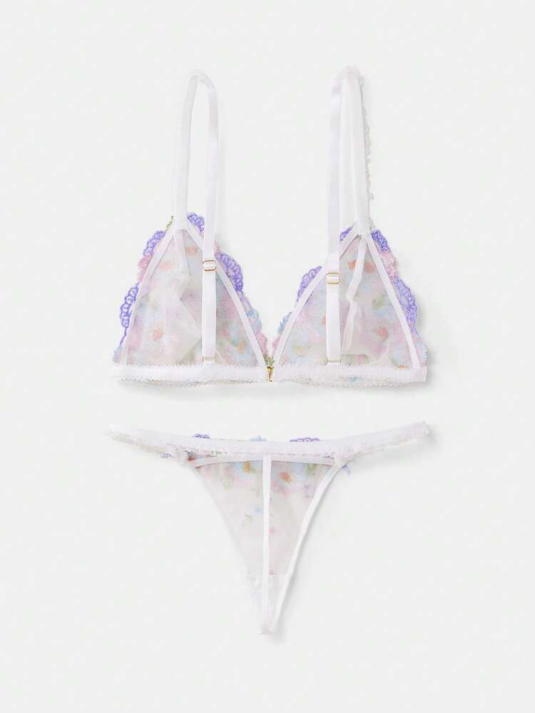 Floral Embroidered Triangle Bra And Thong Set Cute Romantic Boho Sexy Lingerie Set Spring Summer Floral Lingerie Set Lingerie Set Multicolor Lingerie Triangle