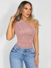 Sirith Women's Summer Fashion Ruched One-Shoulder Bodysuit - Pink - View 3