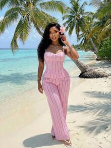 Slaydiva 2025夏季新品：生日派对、返校季、学院风、学生装、休闲外出、百搭基础款、休闲、度假、邮轮旅行、海滩、海边、日光浴、网红热单、街头风、千禧性感女孩 - 粉色条纹吊带荷叶边上衣和直筒裤两件套 - A - 粉色 - 查看 5