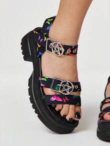 ROMWE Women's Summer Open Toe Dark Rock Punk Goth Roman Beach Sandals, Star Strap Platform Wedge Sandals Spring Shoes Spring Break Easter, Halloween For Christmas Y2K 2000s Style - Black color - View 3