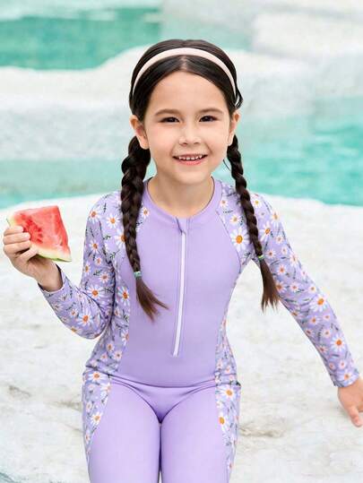 Bộ đồ bơi liền thân cho bé gái, họa tiết hoa ghép mảnh, tay dài và quần dài, kiểu dáng kín đáo, chất liệu vải dệt kim, thời trang, giản dị, thanh lịch, thích hợp cho bơi lội, đi biển, hồ bơi, chụp ảnh, làm quà tặng.