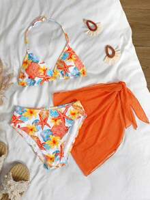 SHEIN 3pcs/Set Girls' Orange Shell Print Swimsuit Top & Bottoms, Beach Vacation Style - Multicolor - View 3