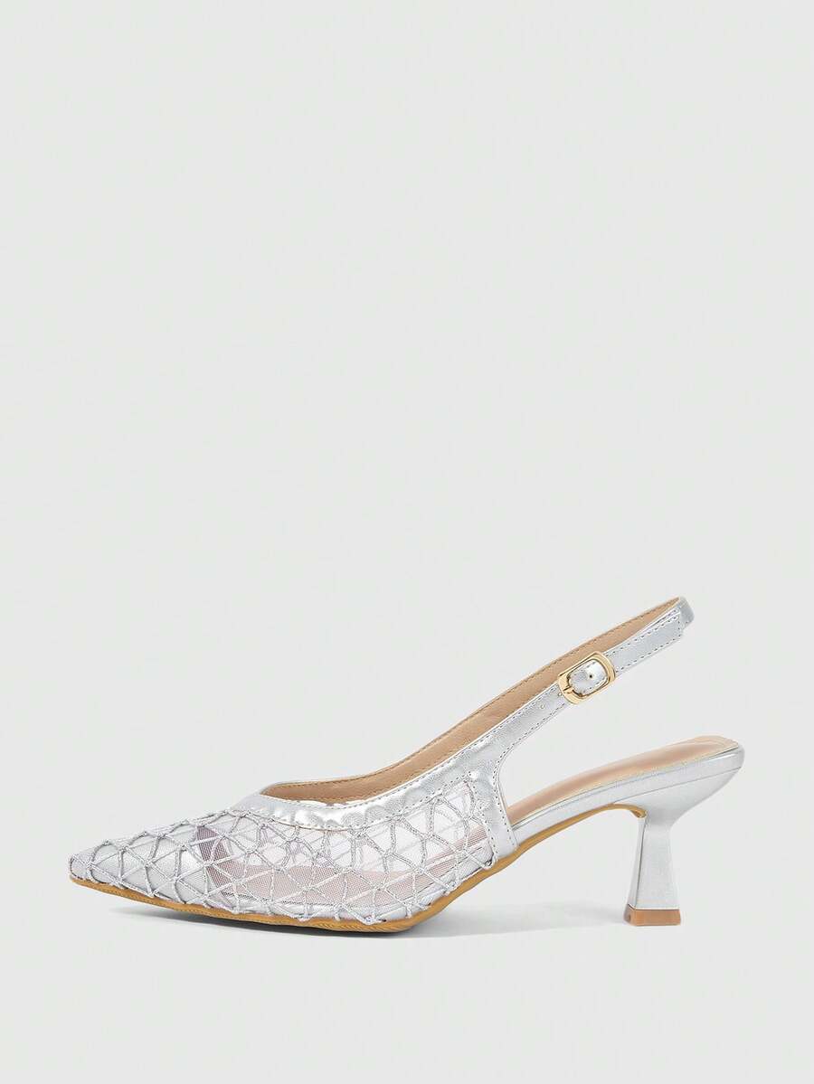 Sleekvia Women's New High Heel Pumps With Pointed Toe, Stiletto Heel, Back Strap, Mesh Design, Simple, Comfortable, Versatile, Elegant Work Heels - Matte silver - View 1
