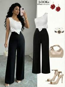 Elenzga Mono con bloque de color, lazo y decoración de perlas en el hombro, elegante para ir al trabajo, uso diario, salidas y vacaciones - Blanco y Negro - Ver 7
