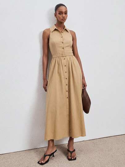 ATUI Studio Women's Casual Vacation Style Solid Color Backless Single-Breasted Tie Waist Sleeveless Dress, Women's Linen Shirt Collar Button Decoration Beige Mid Waist Elegant Dress, Suitable For Spring And Summer Casual Wear, Commuting And Office Bohemian Women's Clothing Business Casual Wear Old Money Style Women's Degree Pretend Women, Summer Dresses Women's Airport Women's Wedding Dresses Wedding Events