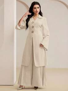 Veilorie Bộ đồ nữ màu trơn gồm áo dài tay và quần dài (2 món) - Màu be - Xem 3