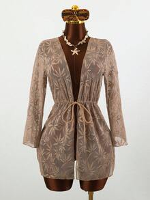 Swim Vcay Women's New Lace Cover-Up With Waist Cinching, Suitable For Beach Vacation, Spring/Summer - Brown - View 7