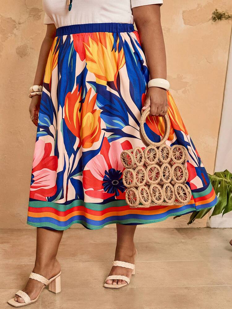 Plus Size Women Vacation Floral Print Midi Dress,Summer Outfit For Women,Spring Dress Women,Vacation Outfits Women,Holiday Outfits For Women Women's Resort Wear Vacation Skirts For Women Printed Skirt Tropical Skirt Floral Midi Skirt Summer Skirt Spring Outfit For Women Colorful Skirts For Women Women Summer Dresses Resort Dresses For Women Women's Summer Outfits Women Vacation Outfit Sets African Summer Dresses Caribbean Outfits For Women Women's Summer Dresses Women's Summer Co Ord Women's Floral Midi Skirt Spring Dresses For Women