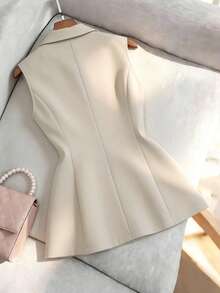 Franclia Áo blazer nữ mùa xuân/hè kiểu Pháp thanh lịch, chất liệu ren kẻ sọc, thích hợp cho công sở, nghỉ dưỡng, tiệc trà chiều lãng mạn, bãi biển, có ve áo, thắt eo, điểm nhấn kim loại, thiết kế dài ôm eo. - Màu be - Xem 2