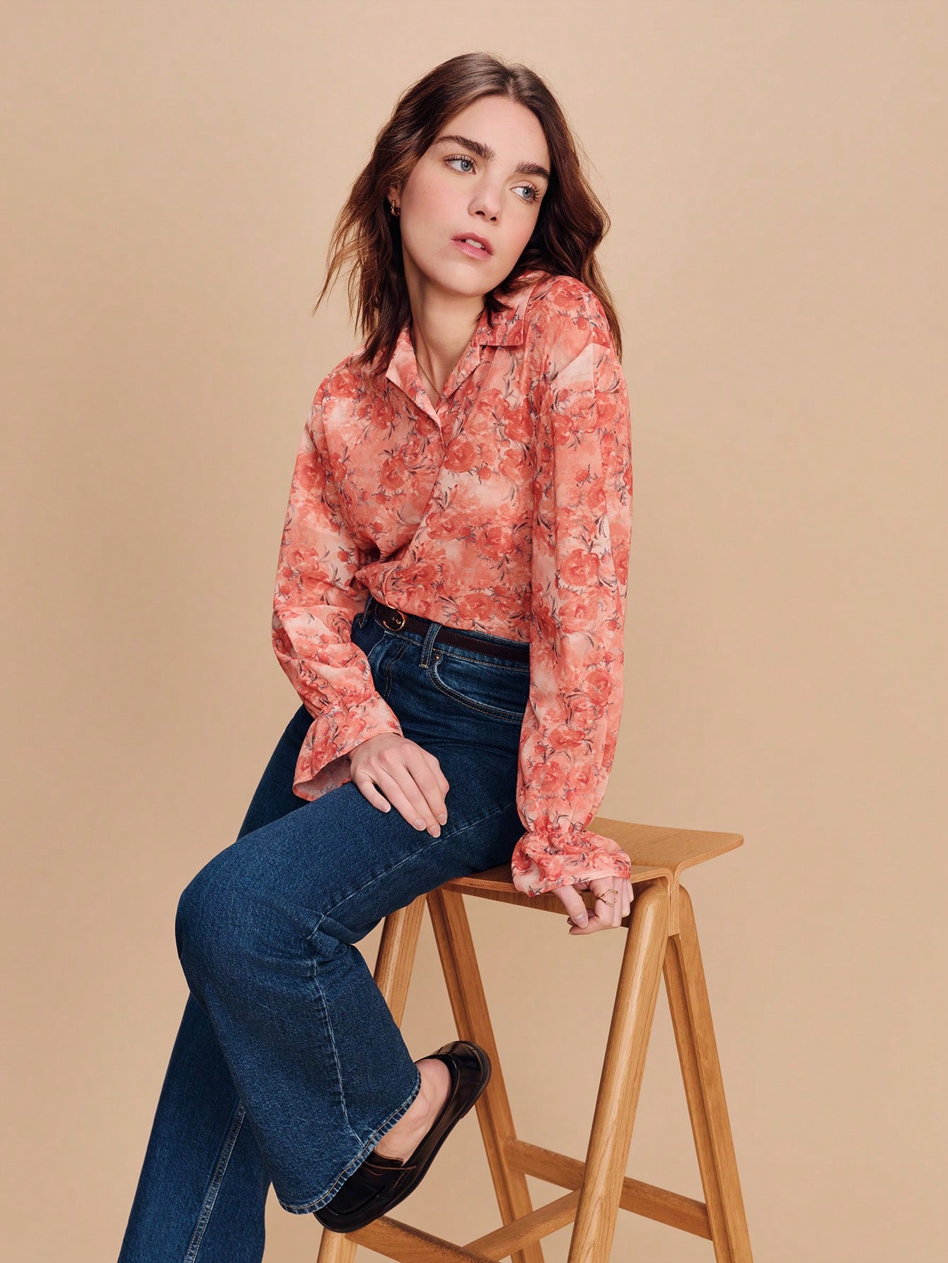 Orange Vintage Floral Printed Blouse With Relaxed Collar, Long Sleeves And Ruffled Cuffs Romantic Business Casual Floral Blouse Summer Shirts Woman Western Shirt For Women Spring Summer French Style Parisian Style