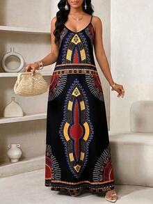 SHEIN Lady Đầm slip nữ họa tiết hình học có túi, kiểu dáng thường ngày, thích hợp cho kỳ nghỉ. - màu đen - Xem 4