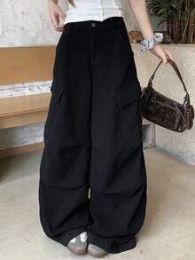 DAZY 女士黑色工装裤，休闲街头风牛仔裤 - 黑色 - 查看 6