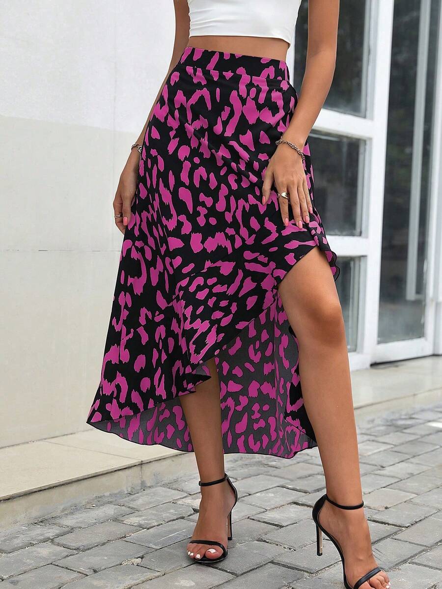 Breezaya Váy maxi nữ in họa tiết toàn thân, viền xếp ly, kiểu dáng bất đối xứng. - Màu Hồng Tươi - Xem 1