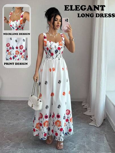 SHEIN Elenzya The New Elegant And Fashionable White Women's Dress Features A V-Neck, A Cinched Waist For A Slimming Effect, And Thin Straps. It Is Adorned With A Positioning Print. This Dress Is Suitable For Daily Outings, Dates, Parties, And Dining Out During The Summer, Serving As A Casual Beachwear For Vacations. It Is A Floral-Printed Dress With A Stylish Bust Cup Design. Floral Long Dress