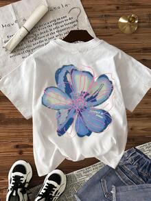 Camiseta casual de manga corta con cuello redondo con estampado floral para mujer, verano - Blanco - Ver 6