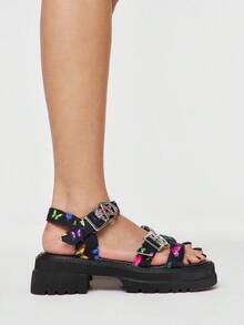 ROMWE Women's Summer Open Toe Dark Rock Punk Goth Roman Beach Sandals, Star Strap Platform Wedge Sandals Spring Shoes Spring Break Easter, Halloween For Christmas Y2K 2000s Style - Black color - View 4