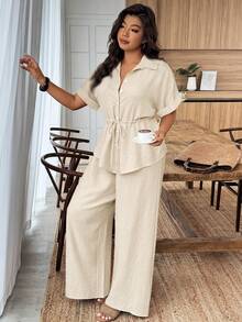 Weeklong Plus Size Solid Color Minimalist Daily Short Sleeve Top And Pants 2 Pieces Set - Light Yellow - View 4
