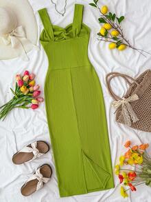 SHEIN 少女薄荷绿提花针织扭结吊带修身连衣裙 - 綠色 - 查看 2