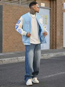 Devon Thys Manfinity Streetrush Men's Patchwork Thermal Lined Baseball Jacket, Long Sleeve Sky Blue Varsity Jacket, Men's Letterman Jacket, Fall Winter - Baby Blue - View 4