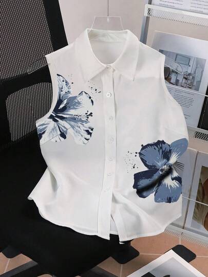 Resyla Blusa sin mangas para mujer, de verano, con diseño versátil y elegante casual, con estampado floral grande digital, imprescindible, con alta tasa de devolución, de vuelta al colegio, camisa sin mangas para mujer