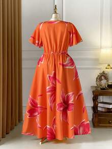Rometta 大码女式橙色碎花连衣裙，适合海滩度假，V领扭结设计，修身长裙 - 橘色 - 查看 2