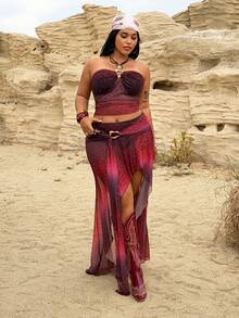 Rustia Plus Size Leopard Ombre Print Vacation Style Bandeau Top And Slit Hem Skirt 2 Pieces Set - Red - View 3