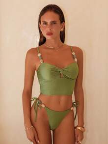 Swim Chiccia Knitted Holiday Party Outing Beach Textured Twist Dress, Sexy Beach Dress With Backless Spaghetti Strap Pearl Trim, Brown Winter Christmas 2-Piece Set, Elegant Summer Women Bikini Swimwear - Green - View 1