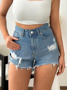 EURMUSE High Rise Summer Denim Mini Women Short - Medium Wash - View 4