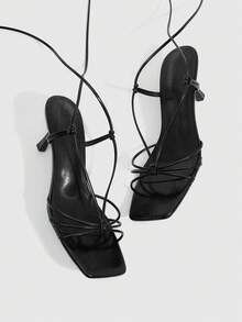 CUCCOO SZL 性感新款夏季金色交叉绑带时尚优雅女士高跟凉鞋，细带方头细高跟露趾凉鞋 - 黑色 - 查看 2