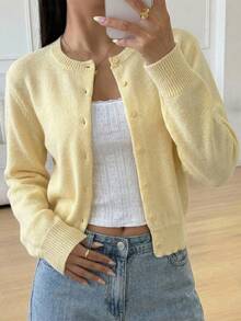 SHEIN 少女黄色开衫针织衫休闲纯色圆领长袖宽松短款女童开衫毛衣，温暖舒适，舒适别致，日常通勤、万圣节、秋季、冬季、秋季、圣诞节、Y2K、夏季 - 黃色 - 查看 4