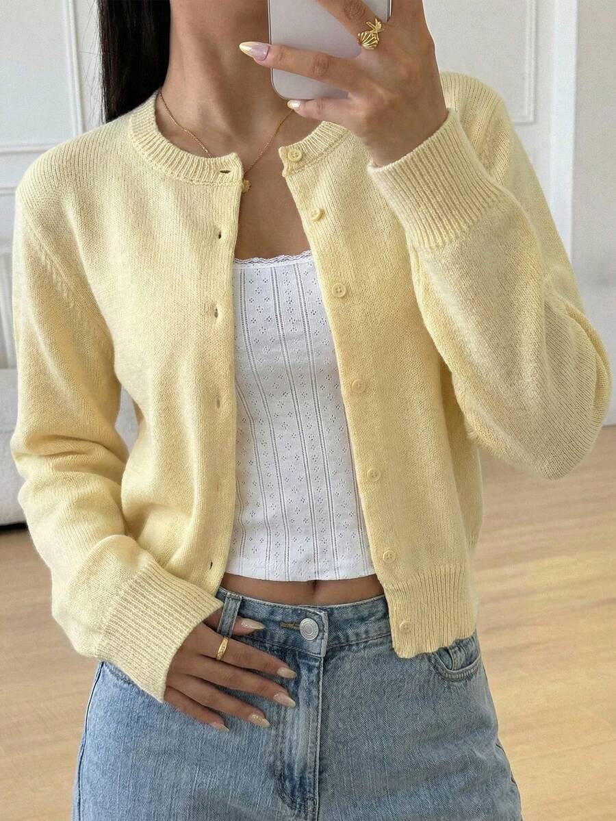 SHEIN TWEEN Girls Tween Girl Cardigan, Casual Solid Color Round Neck Long Sleeve Loose Short Cardigan Sweater, Comfortable, Fashionable Versatile, Suitable For Daily Commute - Yellow - View 1