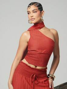 Hauture 女士性感不对称单肩弧形下摆褶皱上衣 - 棕色 - 查看 4