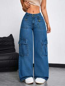 SHEIN Tall Calça jeans cargo casual de perna larga, com bolso inclinado e cor sólida. - Azul - Ver 3