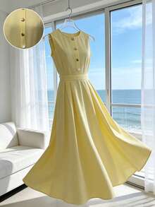 Lyxana Blusa elegante y romántica de verano para mujer, de cuello redondo sin mangas, con cintura anudada, cuello medio abierto, botones de perla, recogida en línea A, de color crema amarillento - Amarillo claro - Ver 3