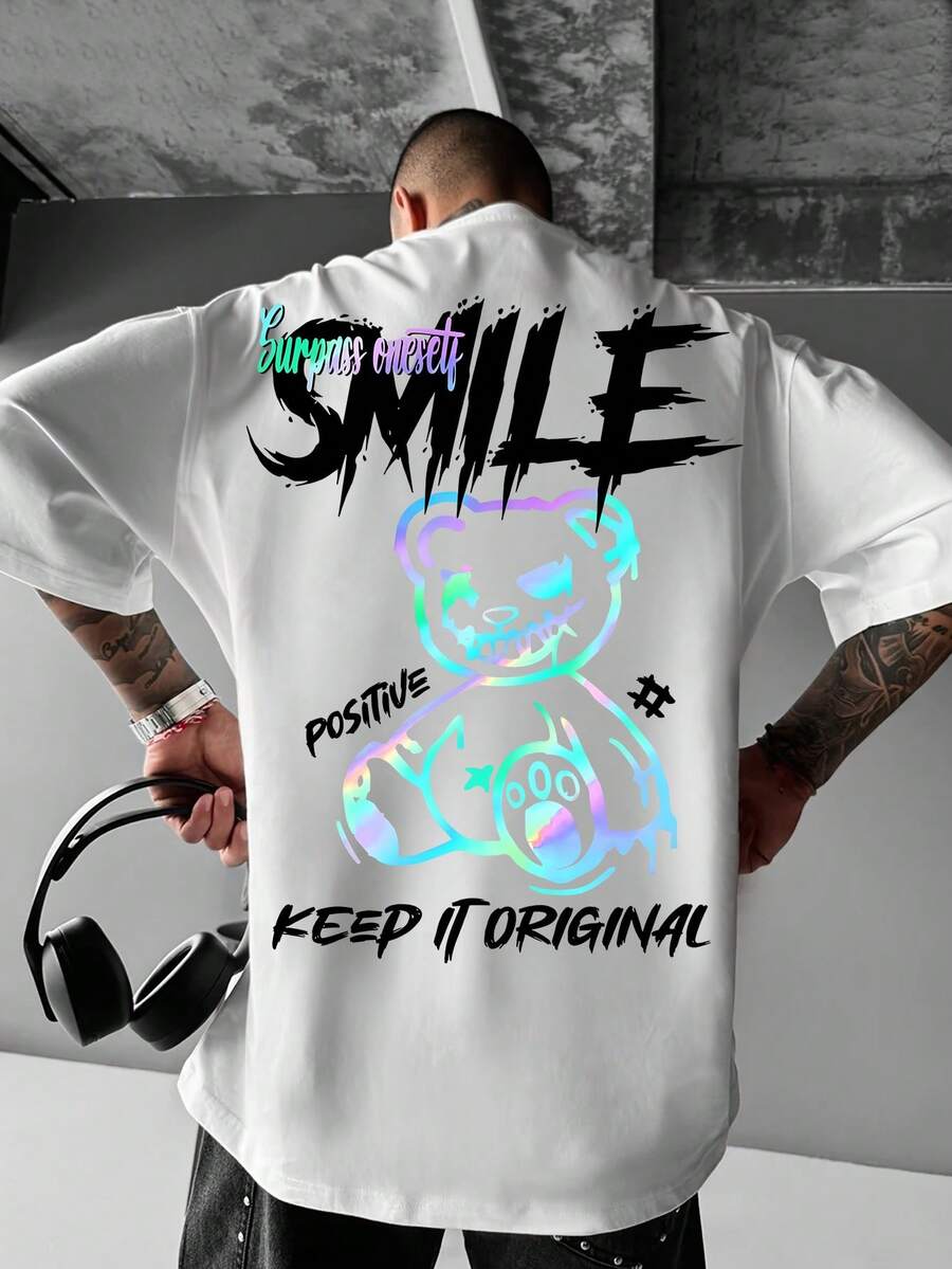 Manfinity Dauomo Men's Letter & Cartoon Print Casual Versatile Daily Wear Short Sleeve T-Shirt - Multicolor - View 1