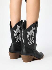 Fairycore Botas Femininas Rosa Estilo Western, Com Bico Fino, Decote Em V E Salto Grosso, Bordado. Tamancos De Salto Baixo, Botas De Montaria E Botas De Cano Curto Para A Primavera. - Linha grossa preta - Ver 5