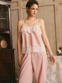 Côtesoire French Elegant Contrast Color Lace Ruffle Trim Comfortable Loose Camisole Pajama Set For Women - Pink - View 5