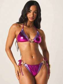 MISSGUIDED Metallic Purple Pink Halter Bikini Set With Gold Hardware Detail Two Piece Swimwear Triangle Top Side Tie Bottom Summer Beach - Multicolor - View 4