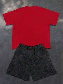 PAVTROS 男士人像及标语印花休闲圆领短袖T恤搭配抽绳短裤套装，夏季街头风两件套 - 彩色 - 查看 2