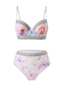 Swim Oasis 三件套女士泳装，包括一件印花吊带背心式上衣、一条高腰泳裤和一条伞裙式长裙，优雅的波西米亚风格，适合海滩、泳池和度假村穿着。 - 彩色 - 查看 6