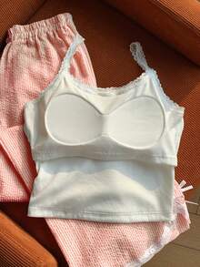 Comfortcana 2件套女士休闲黄色蕾丝边吊带背心和条纹裤，返校季 - 橘色 - 查看 8