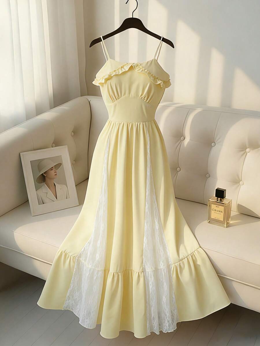 GlowEve 2026 Spring/Summer New Yellow Women's Vacation Ruffled Waist A-Line Lace Patchwork Spaghetti Strap Maxi Dress - Light Yellow - View 1