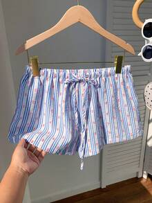 CovetEZ Pantalones cortos sueltos con cintura de lazo de mujer de estilo casual a rayas - Azul y blanco - Ver 5