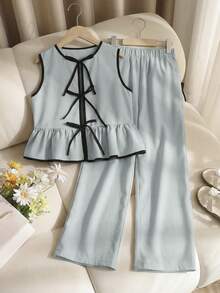 SHEIN Serisse Kids Tween Girl Butterfly Decor Contrast Trim Casual Sleeveless Shirt Vest And Wide Leg Pants 2 Pieces Set,Sage Green,Summer,Elegant,Tea Party Formal Suit - Cadet Blue - View 2
