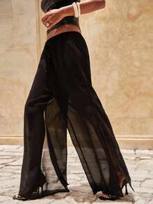 Nevyona Pantaloni largi pentru femei, culoare solidă, cu design cu crăpături în talie, culoare solidă - Negru - Vizualizare 6