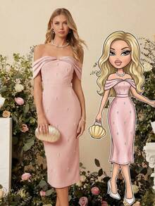 Amorya Elegant Women's Dusty Pink Summer Wedding Guest Dress,Off Shoulder Pearl Midi Pencil Formal Party Dress,Wedding Ninang,Satin Sleeve Knit Patchwork - Pink - View 4