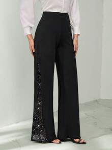 SHEIN Tall Ladies Elegant Mesh & Glitter Splice Black Slim Straight Leg Pants, Fit For Commuting, Casual And Daily Wear, Spring/Summer - Black - View 7