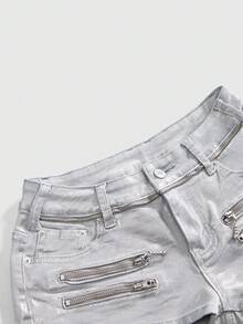 ROMWE Trang phục dự lễ hội âm nhạc Y2K Baddie: Quần short denim siêu cạp thấp bóng bẩy màu bạc dành cho nữ. - Bạc - Xem 9