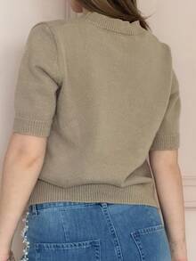 Katetique 心形装饰宽松短袖圆领休闲针织上衣，女款，春秋季 - 卡其色 - 查看 2