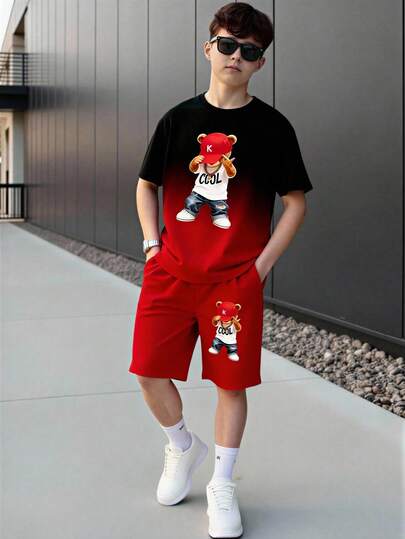Set de 2 piezas: Camiseta de manga corta con cuello redondo y estampado de oso degradado + Pantalones cortos con bolsillo, conjunto casual y lindo para niños